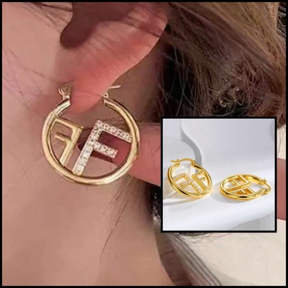 Gold FF Rhinestone Earrings Small Hoops - Picture 1 of 12